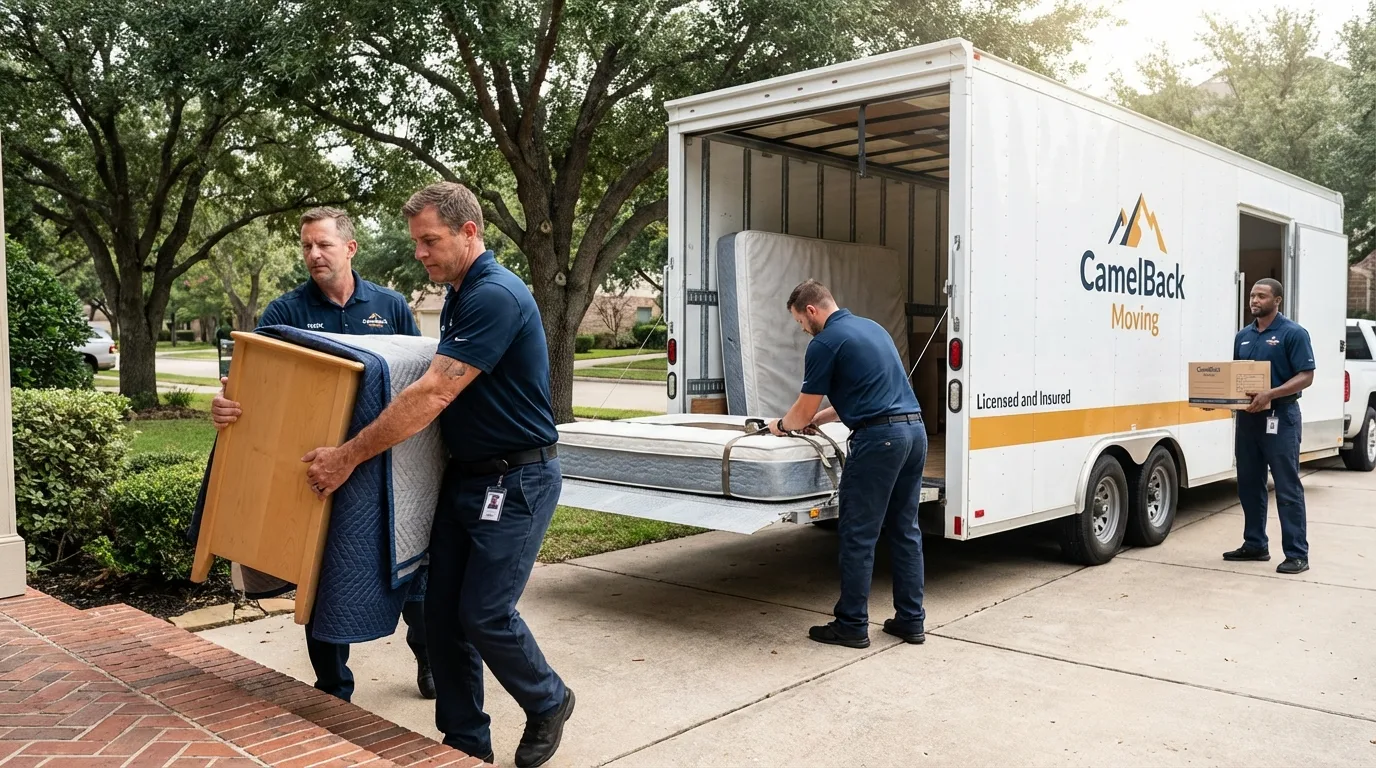 Crew loading residential truck for cross-state move from Groveton, TX