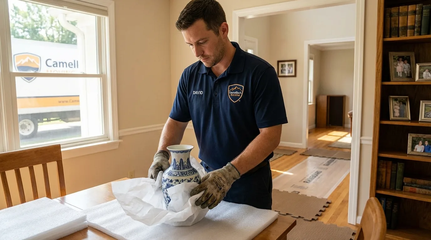 Professional crew carefully wrapping antique vase for senior downsizing move in Groveton, TX